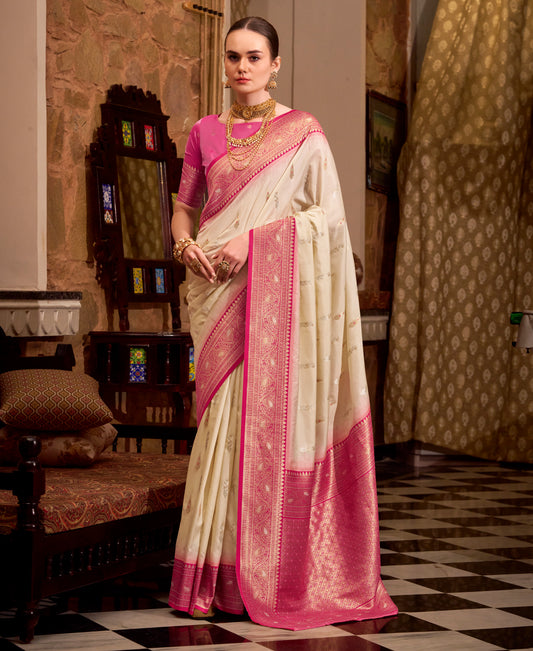Off White Kanjivaram Silk Readymade/Easy Saree