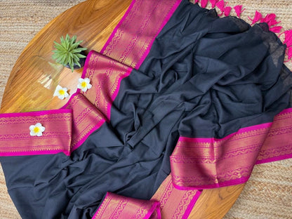 Black Mul Cotton Ready To Wear/Easy Saree - Panaash Saree