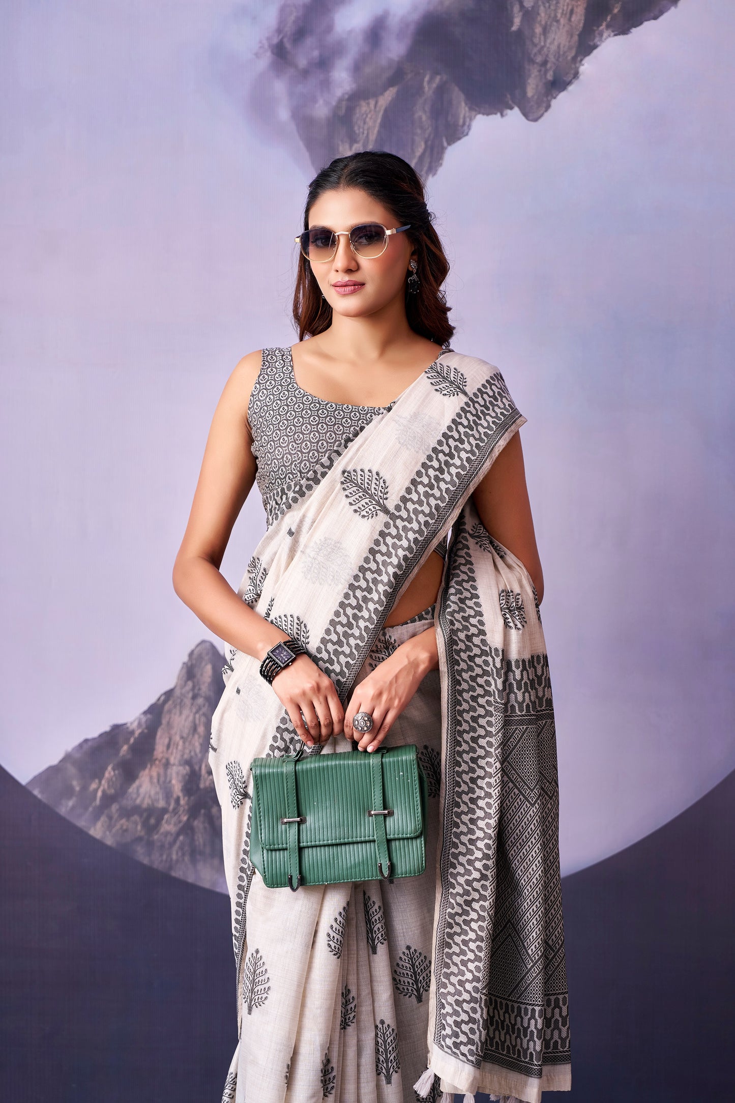 Grey & White Leaf Print Cotton Ready To Wear/Easy Saree by Stylebypanaash 