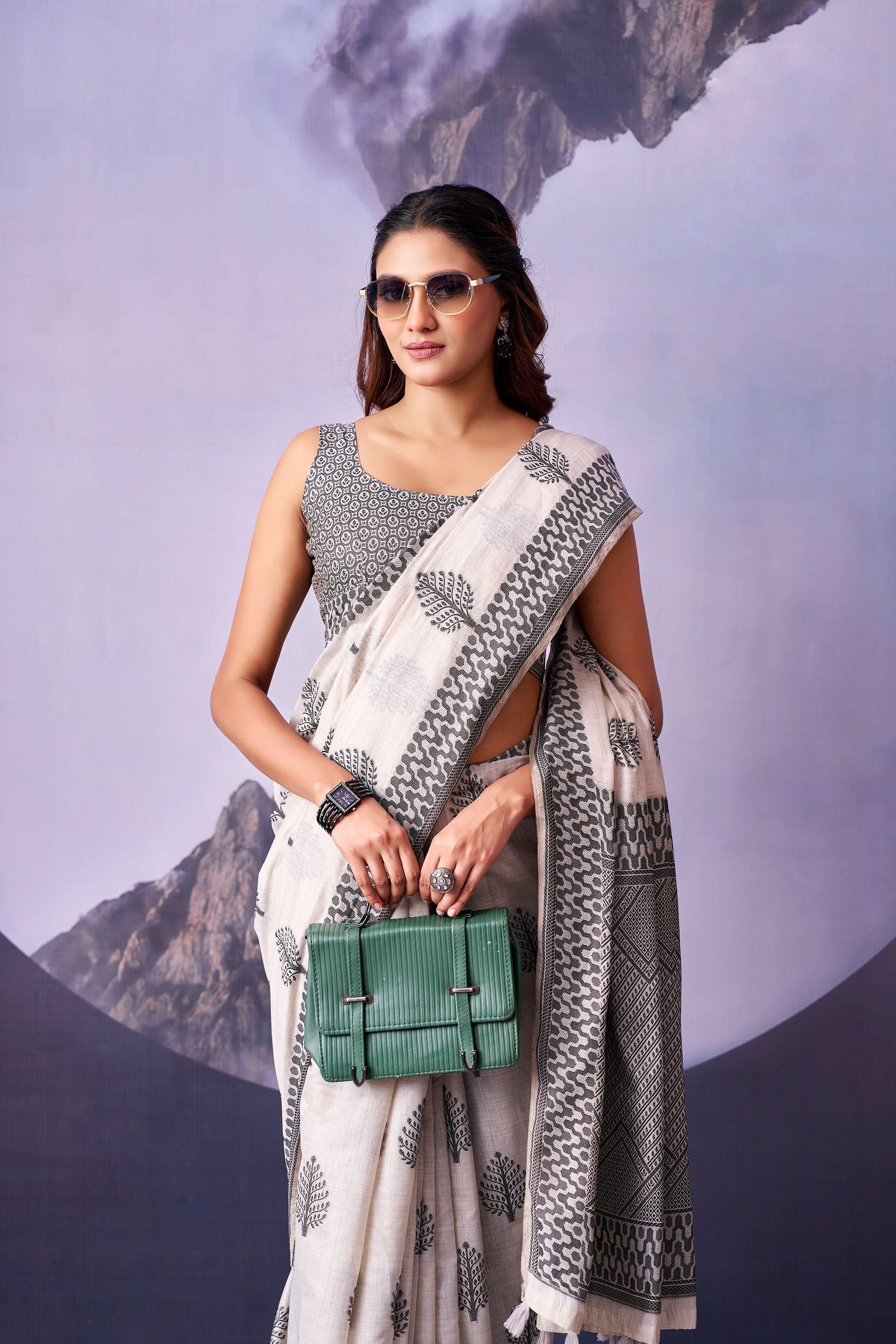 Grey & White Leaf Print Cotton Ready To Wear/Easy Saree by Stylebypanaash 