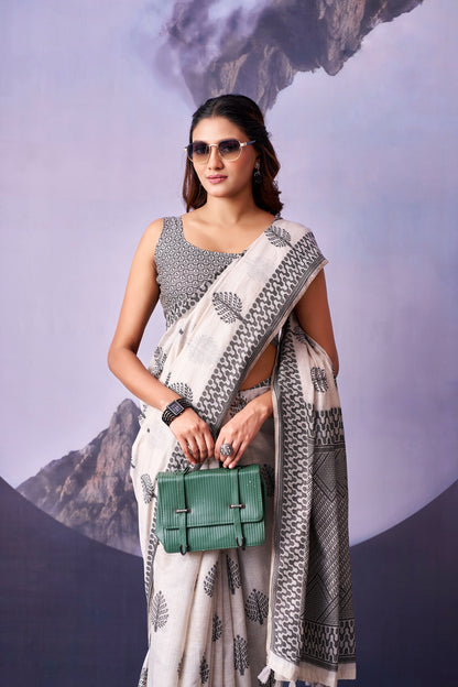 Grey & White Leaf Print Cotton Ready To Wear/Easy Saree by Stylebypanaash 