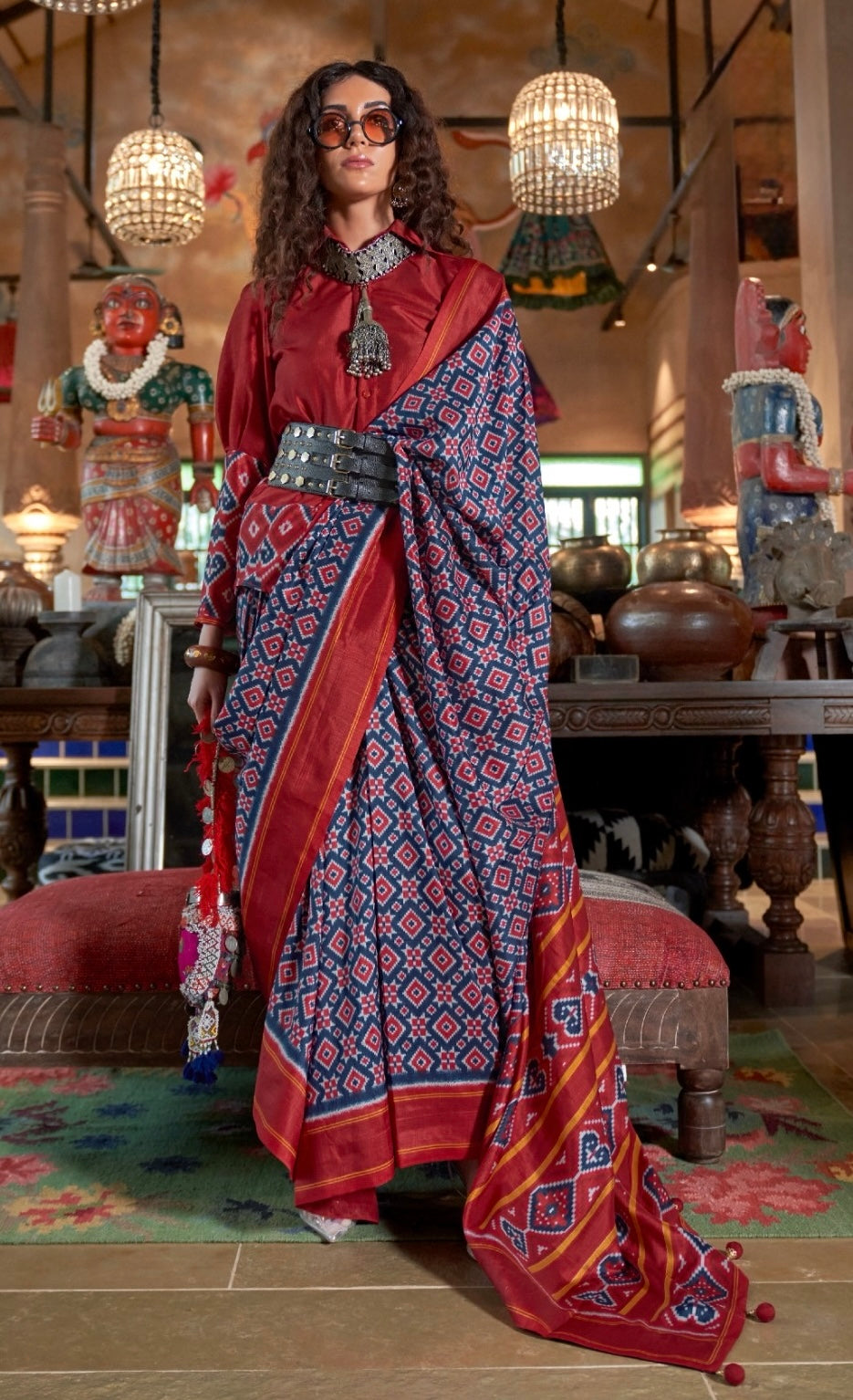 Navy blue Patola Silk Readymade/Easy Saree