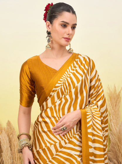 Mustard yellow easy saree with white zebra stripes and gold border, draped over blouse