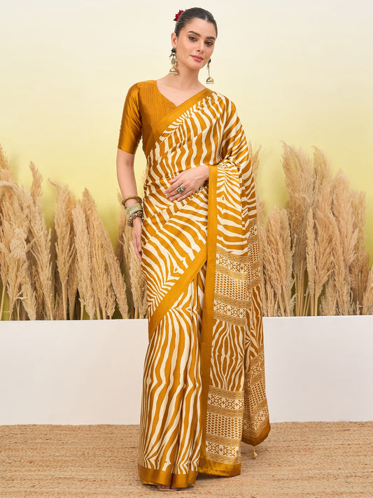Mustard yellow easy saree with diagonal zebra stripes and gold patterned pallu border