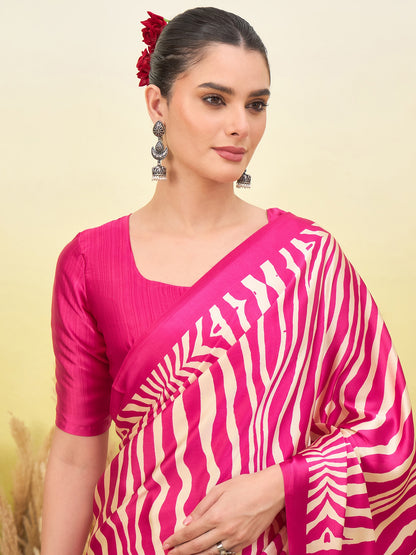 Pink crepe silk easy saree with short-sleeve blouse and zebra stripe drape