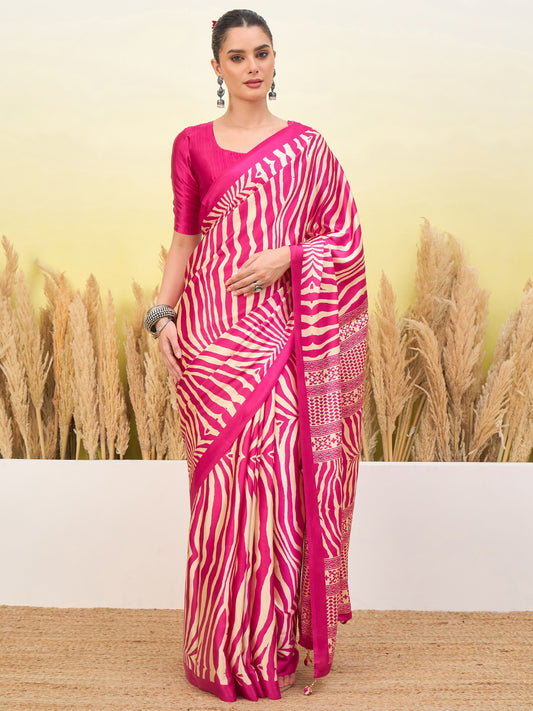 Pink crepe silk easy saree with zebra-striped pallu and decorative border