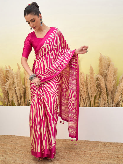 Pink crepe silk easy saree, zebra stripe drape with tasseled border detail