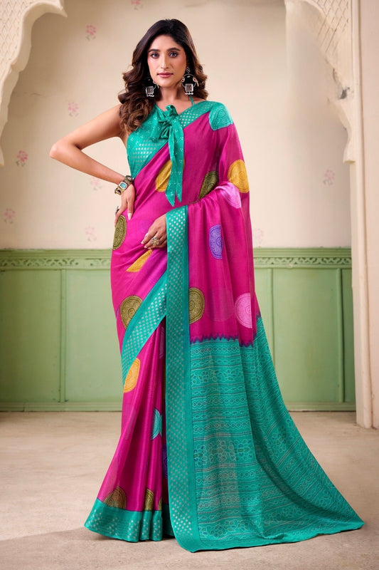 Pink Polka Dot Readymade Crepe Silk Saree