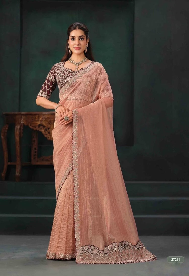 Peach ready-to-wear saree with embroidered border and pre-stitched floral blouse