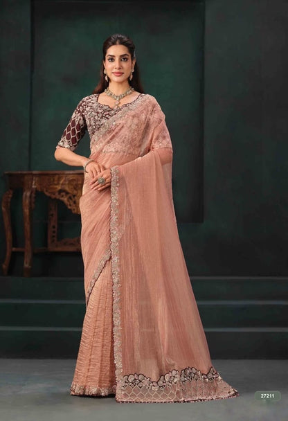 Peach ready-to-wear saree with embroidered border and pre-stitched floral blouse