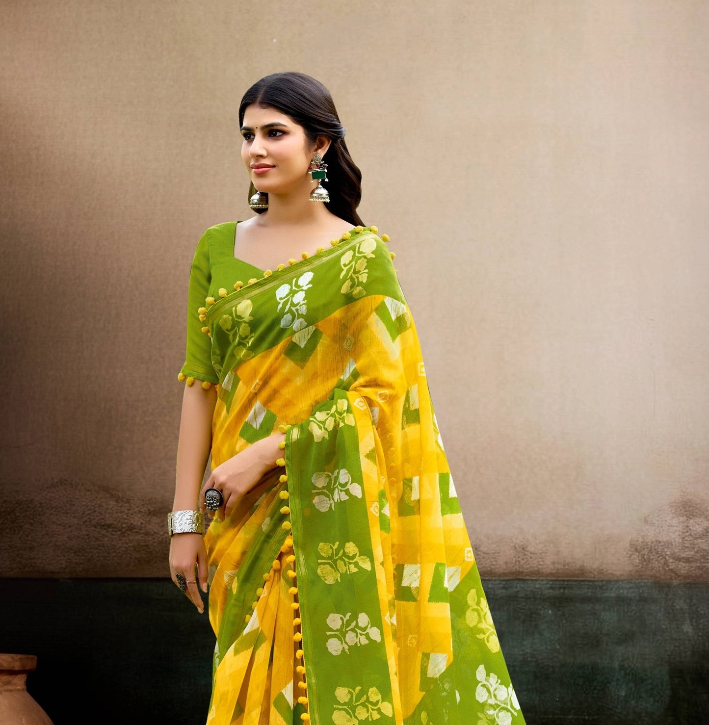 Yellow Mul Cotton Ready To Wear/Easy Saree