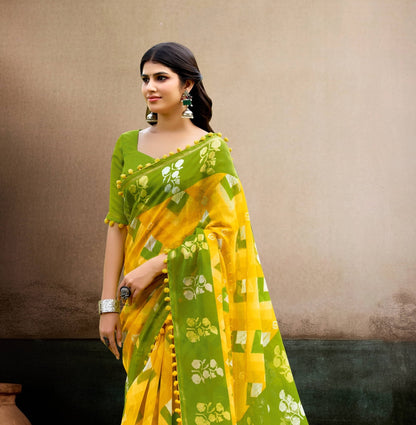 Yellow Mul Cotton Ready To Wear/Easy Saree