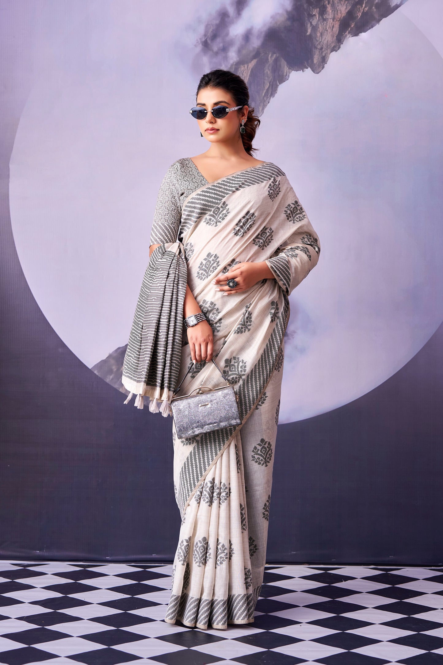 Grey & White Paisley Print Cotton Ready To Wear/Easy Saree by Stylebypanaash 