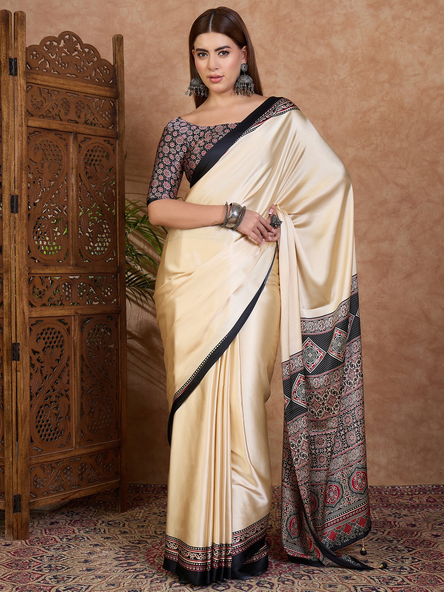 Cream and Black Crepe Silk Readymade/Easy Saree