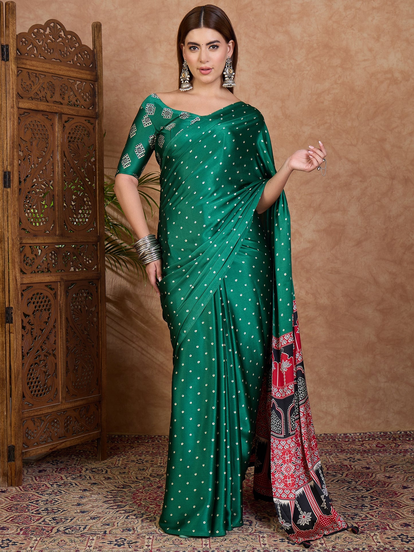Green Modal Silk Office wear Readymade/Easy Saree