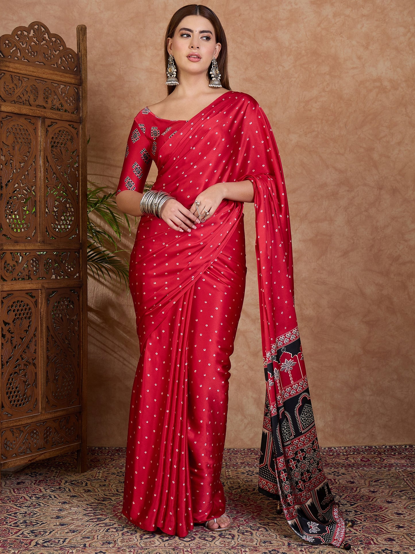 Red Modal Silk Office wear Readymade/Easy Saree