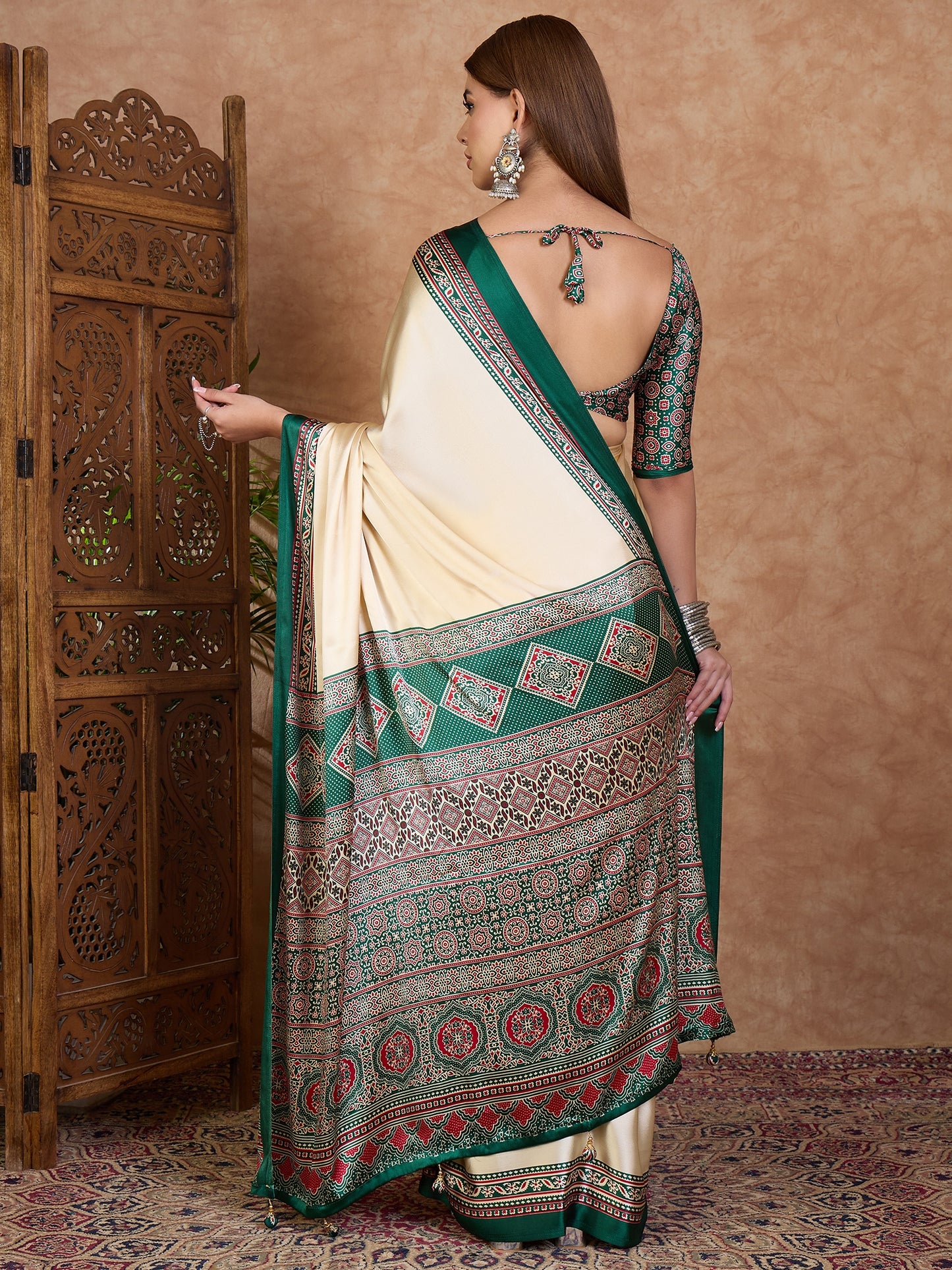 Cream and Green Crepe Silk Readymade/Easy Saree