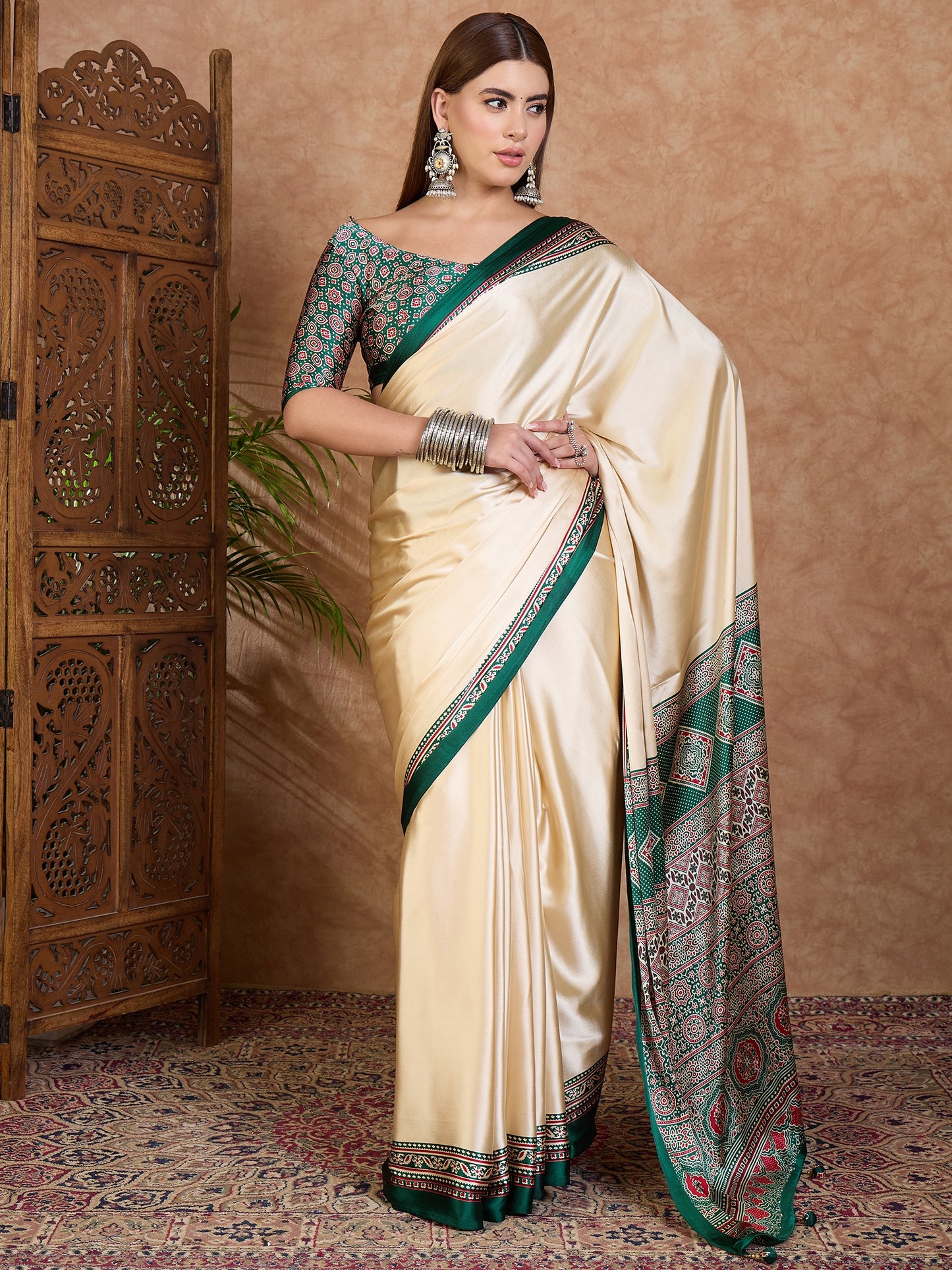 Cream and Green Crepe Silk Readymade/Easy Saree
