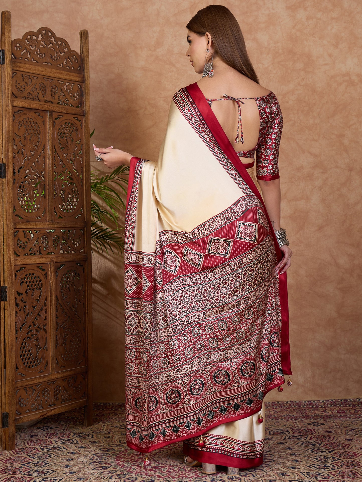 Cream and Red Crepe Silk Readymade/Easy Saree