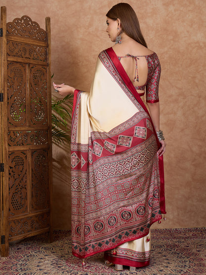 Cream and Red Crepe Silk Readymade/Easy Saree