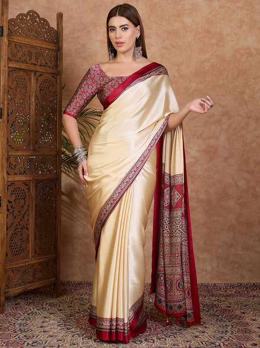 Cream and Red Crepe Silk Readymade/Easy Saree