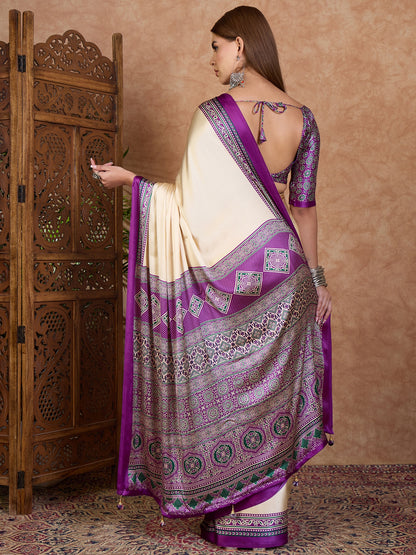 Cream and Purple Crepe Silk Readymade/Easy Saree