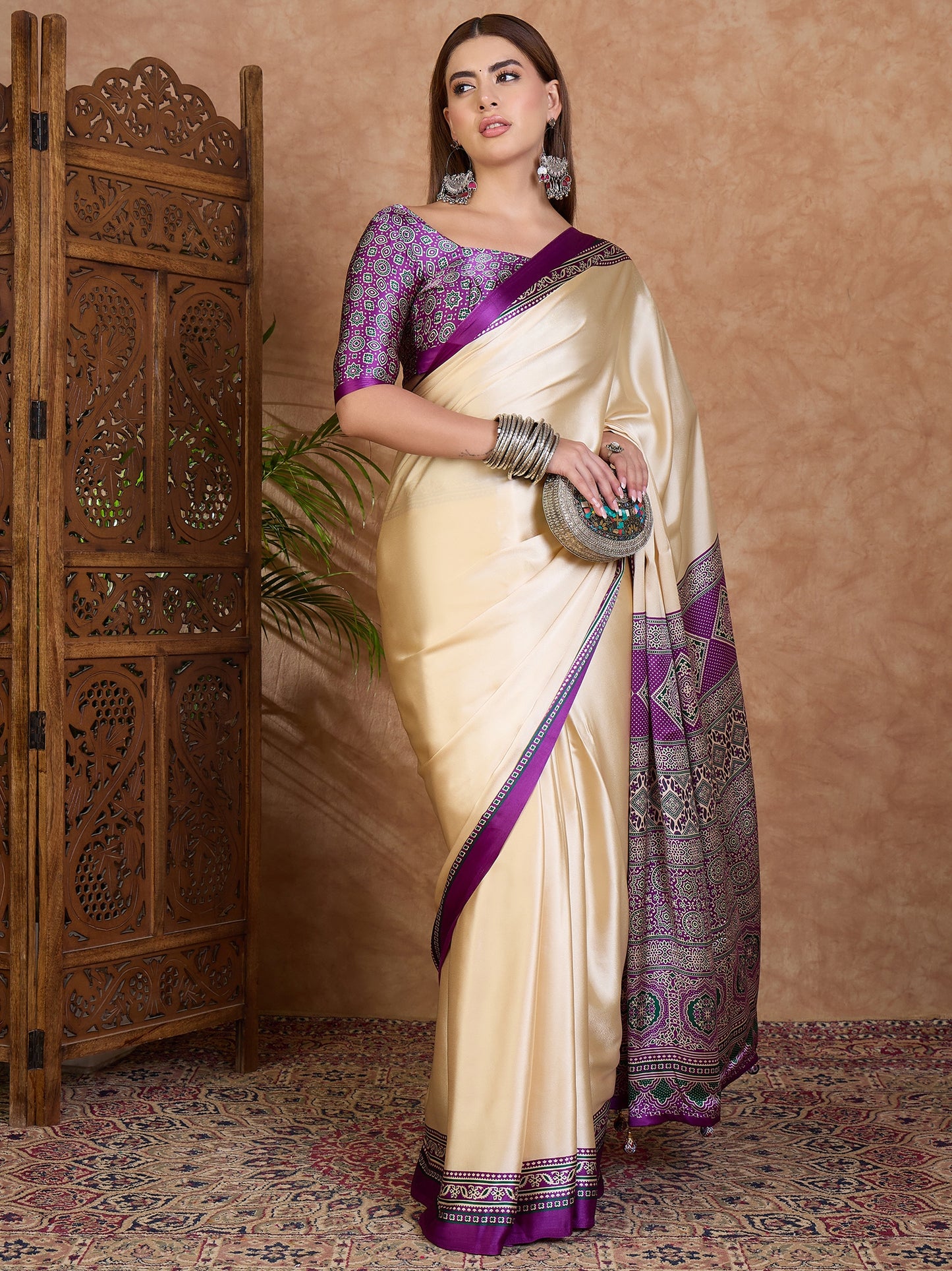 Cream and Purple Crepe Silk Readymade/Easy Saree