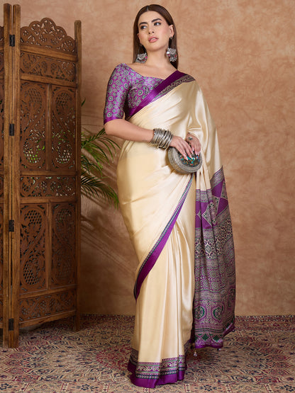Cream and Purple Crepe Silk Readymade/Easy Saree