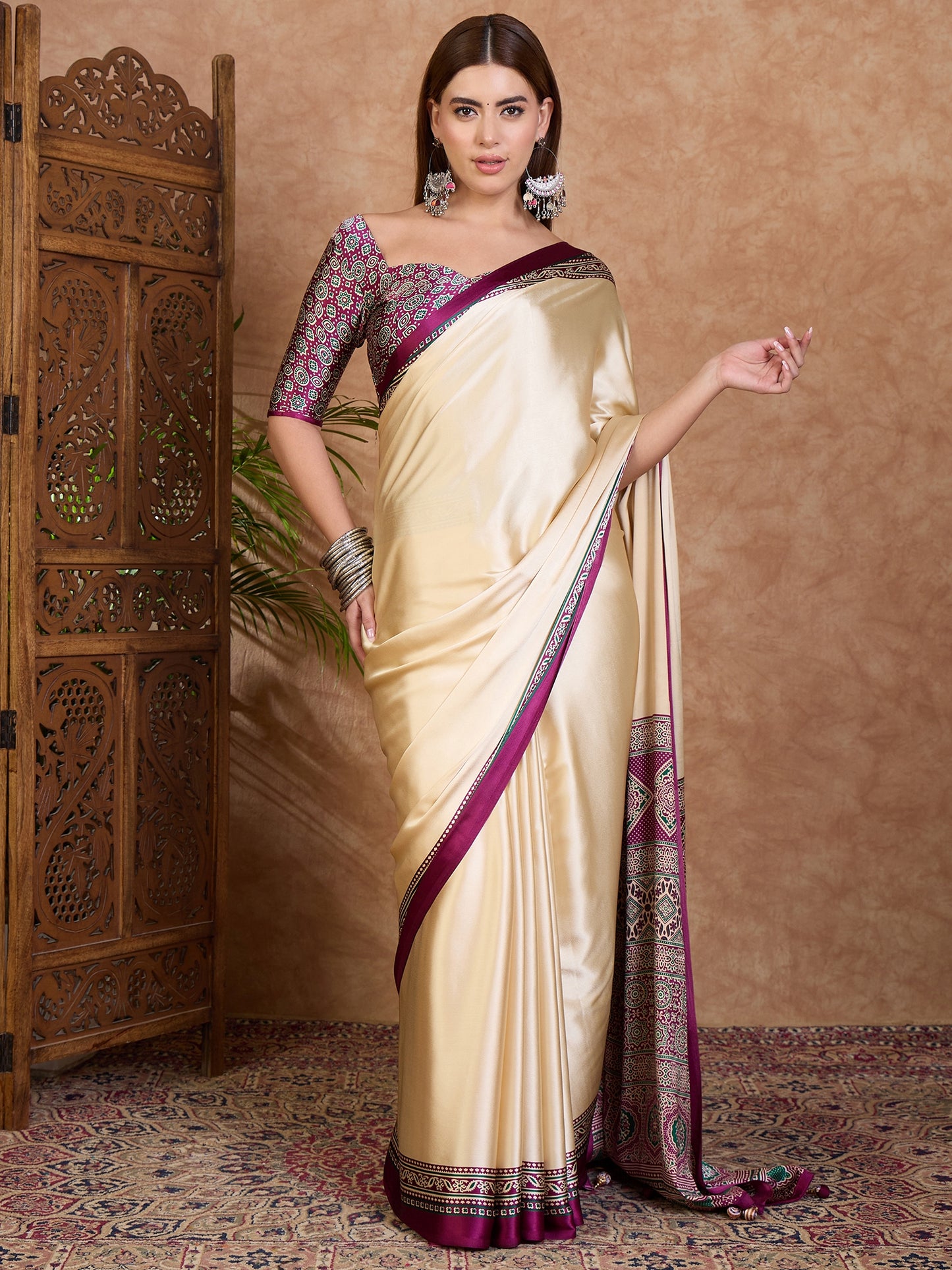 Cream and Magenta Crepe Silk Readymade/Easy Saree