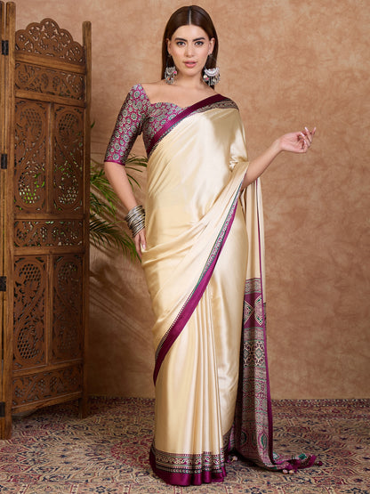 Cream and Magenta Crepe Silk Readymade/Easy Saree