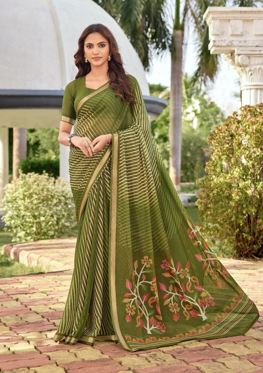 Leaf green georgette ready-to-wear saree with floral embroidered border