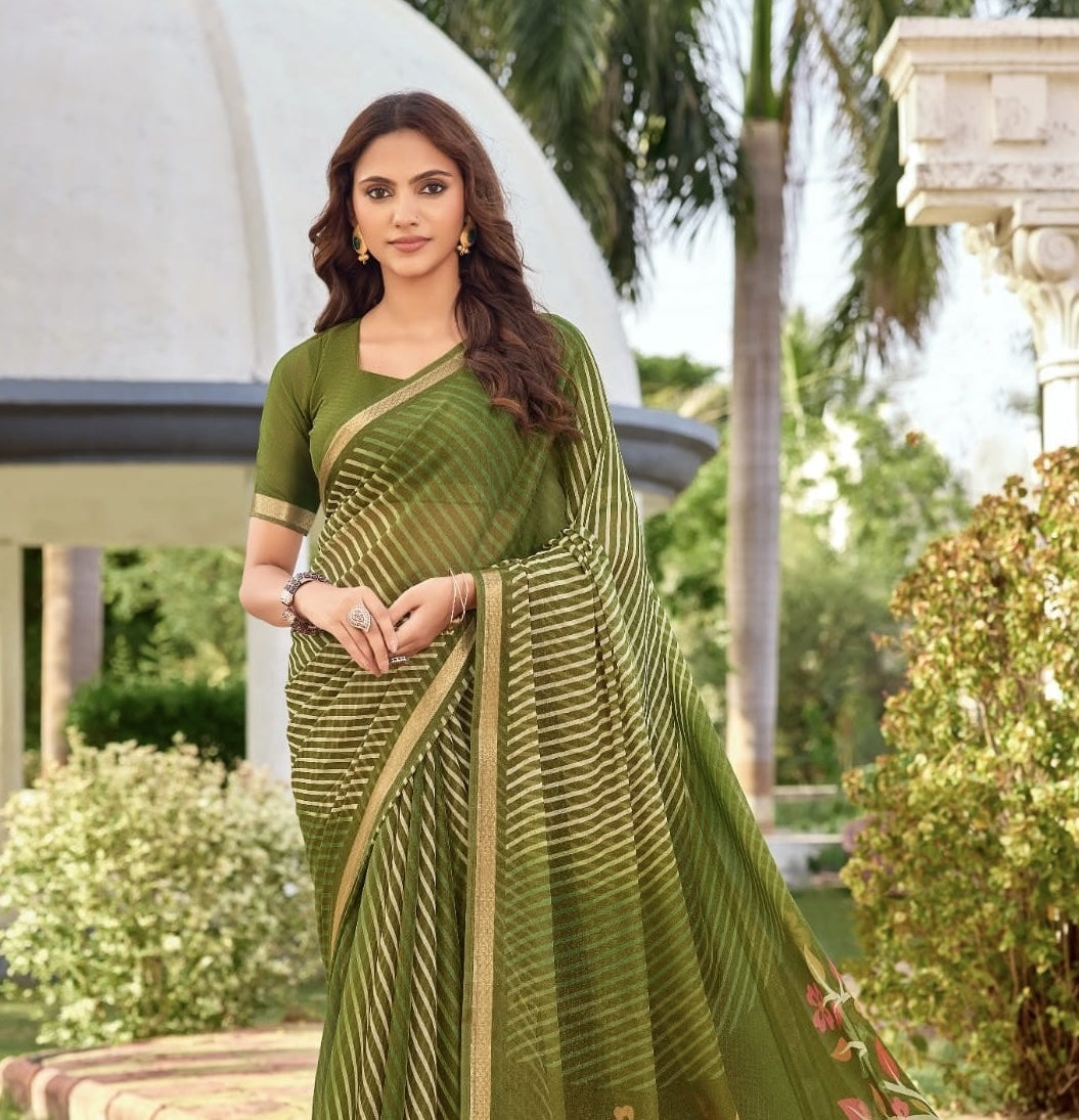 Leaf green georgette saree with diagonal pleats and floral embroidered pallu border