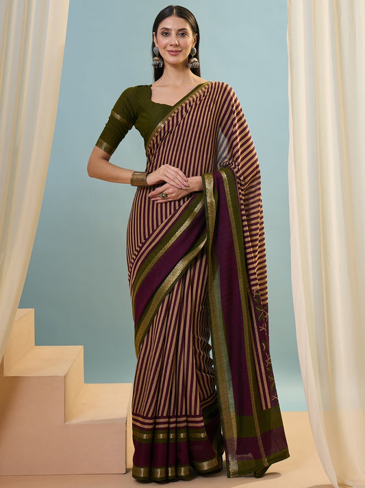 Magenta Striped Mul Cotton Ready To Wear/Easy Saree