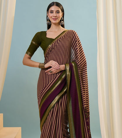 Magenta Striped Mul Cotton Ready To Wear/Easy Saree