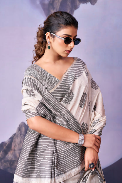 Grey & White Paisley Print Cotton Ready To Wear/Easy Saree by Stylebypanaash 
