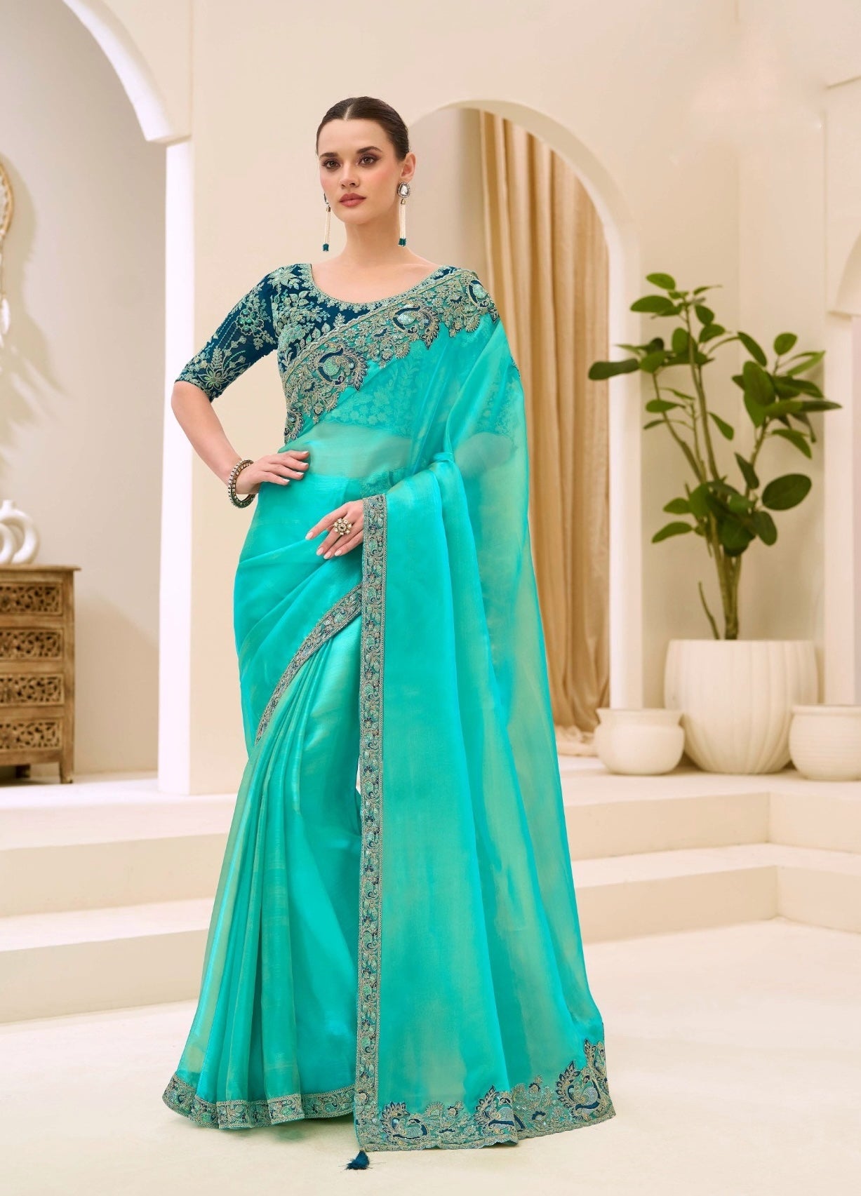 Sea Green Cocktail Party Wear Readymade Saree