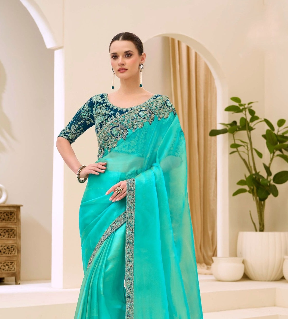 Sea Green Cocktail Party Wear Readymade Saree