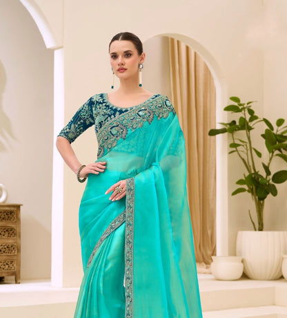 Sea Green Cocktail Party Wear Readymade Saree