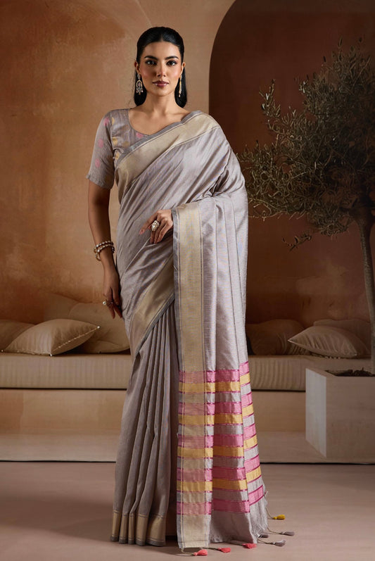 Grey Color Raw Silk Readymade/Easy Saree