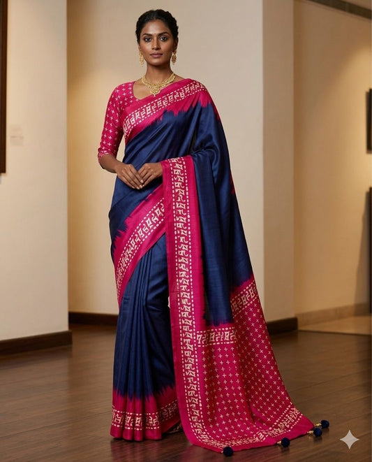 Navy Blue Crepe Silk Ready To Wear/Easy Saree - Panaash Saree