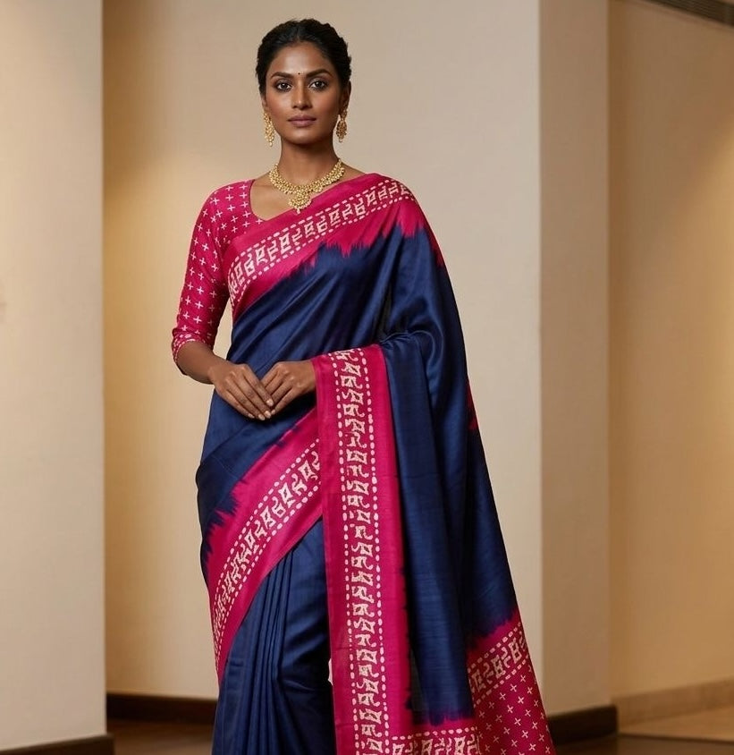 Navy Blue Crepe Silk Ready To Wear/Easy Saree - Panaash Saree