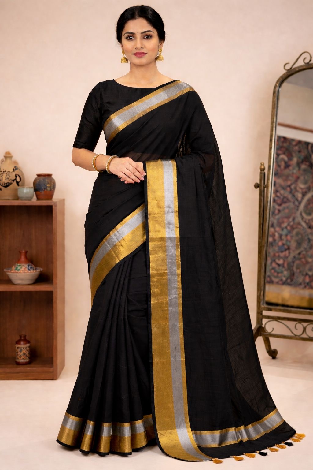 Black Mul Cotton Ready To Wear/Easy Saree - Panaash Saree