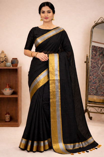 Black Mul Cotton Ready To Wear/Easy Saree - Panaash Saree