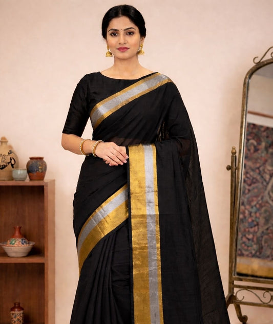Black Mul Cotton Ready To Wear/Easy Saree - Panaash Saree
