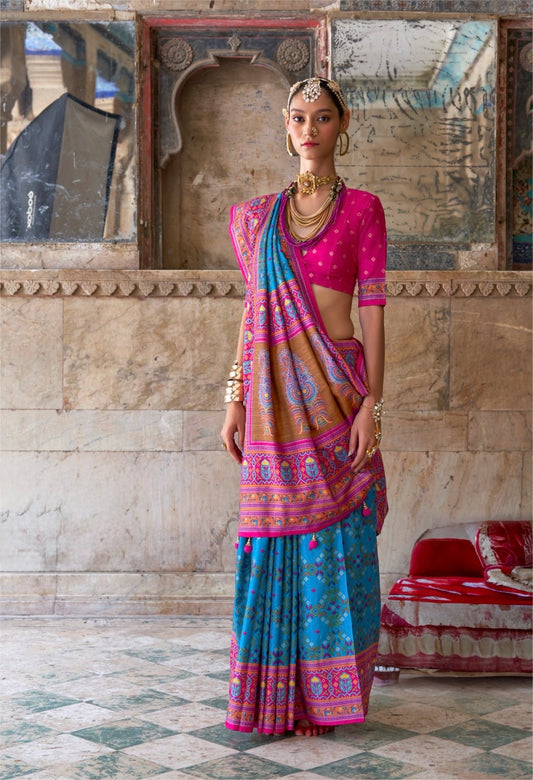Blue Patola Silk Readymade/Easy Saree