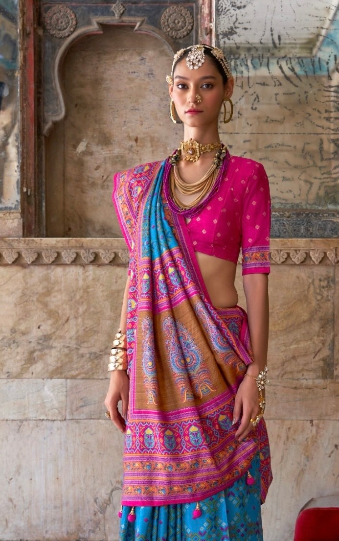 Blue Patola Silk Readymade/Easy Saree