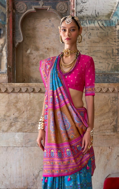 Blue Patola Silk Readymade/Easy Saree