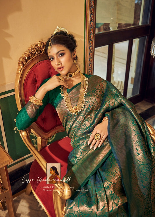 Green Kanjivaram With Copper Zari Silk Readymade/Easy Saree