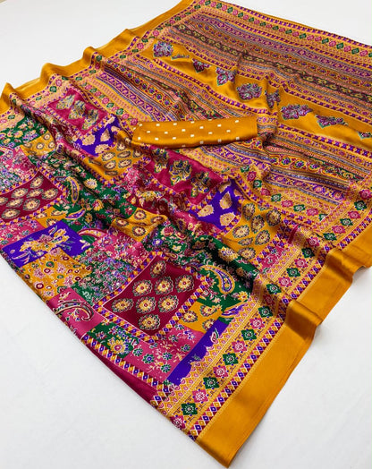 Yellow modal silk ready-to-wear saree with vivid multicolor floral patterns and a gold border