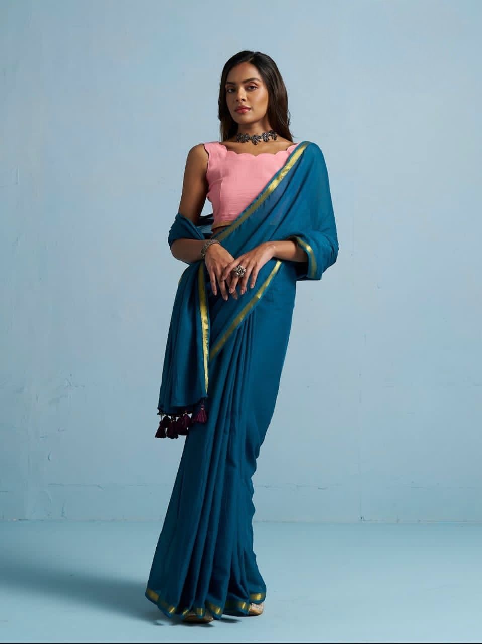 Dark Turquoise Mul Cotton Casual Ready To Wear/Easy Saree